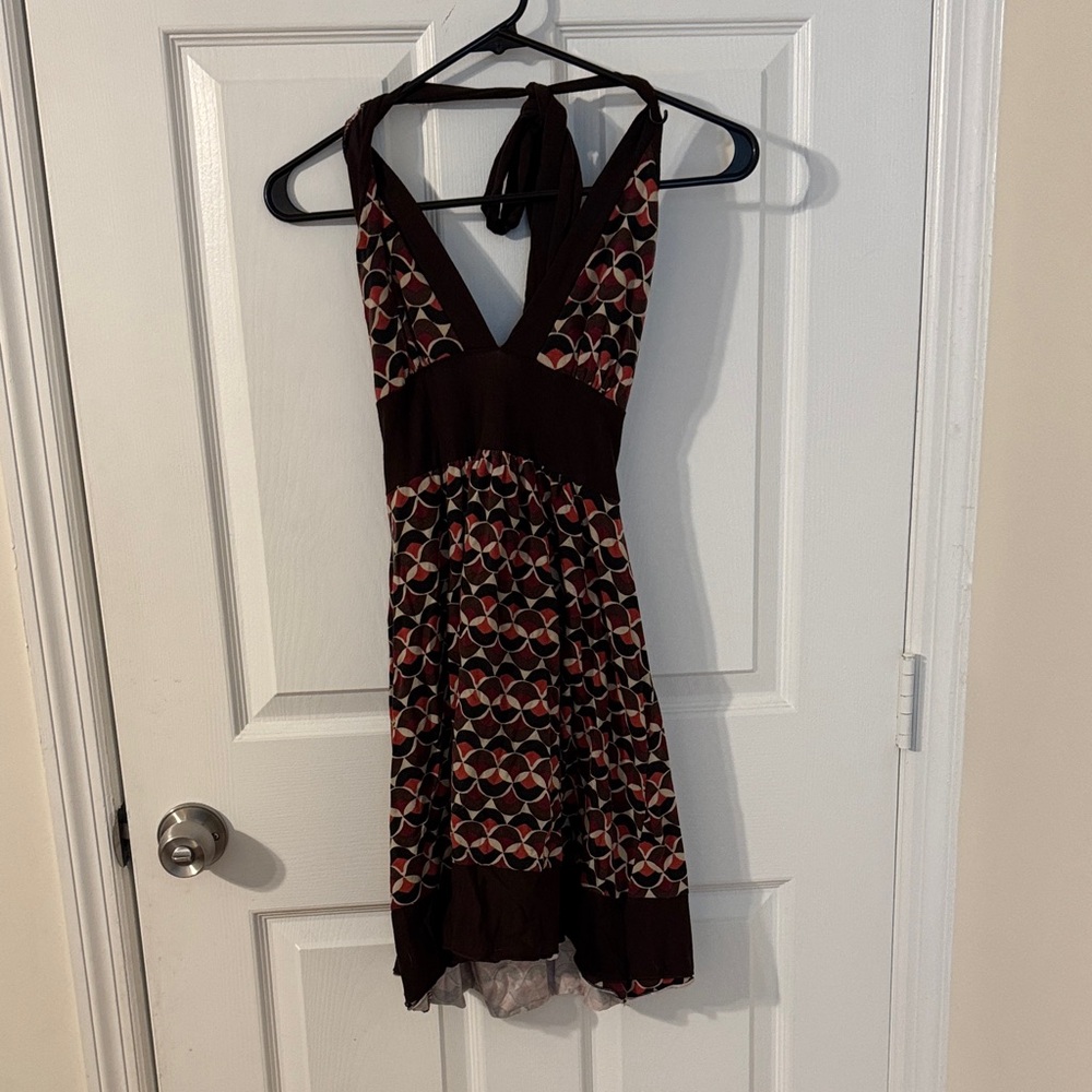 Sleeveless One-Shoulder Brown Geometric Print Dress